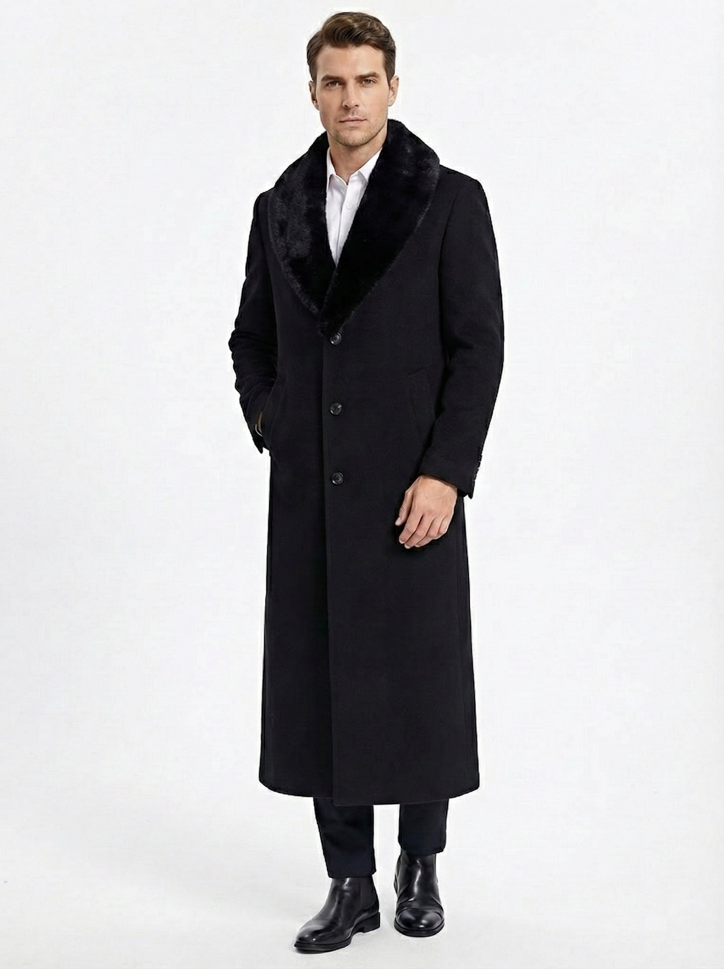 Men’s Black Long Overcoat with Faux Fur Collar, Full Length Winter Topcoat for Formal and Business Wear