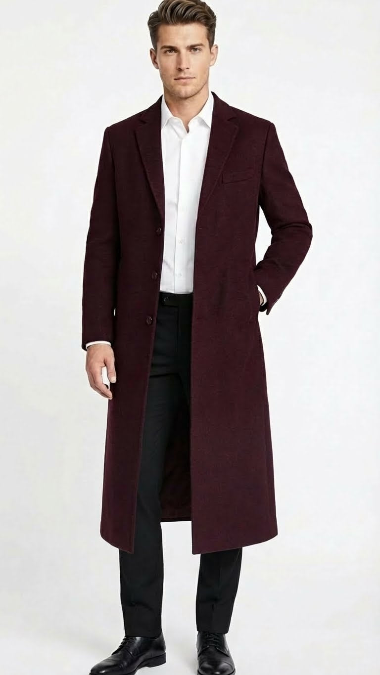 Men’s Burgundy Long Coat – Classic Fit Wool Blend Overcoat - Topcoat Full length