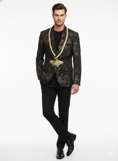 Men’s Black and Gold Embroidered Luxury Blazer – Designer Floral Pattern Wedding & Party Jacket (Sim534) 1   - from alligatorwarehouse.com