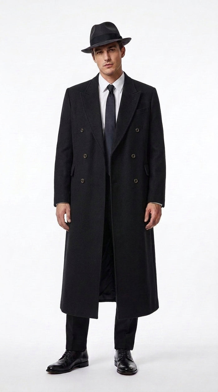Men’s Godfather Black Double-Breasted Long Overcoat – Vintage Mobster Gangster Coat