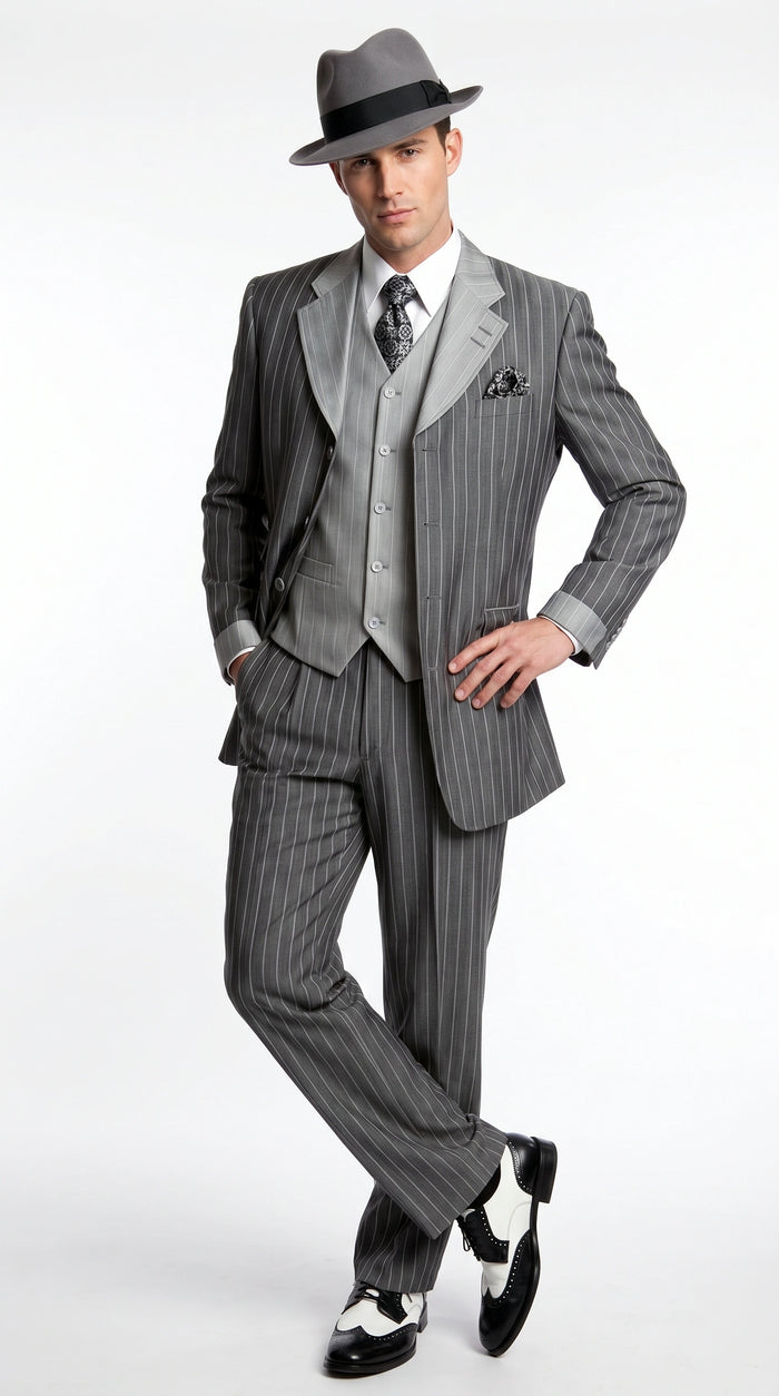 Men’s Grey Pinstripe 1920s Gangster 3 Piece Suit, Contrast Lapel Vintage Formal Suit for Parties, Prom, Weddings, and Theme Events