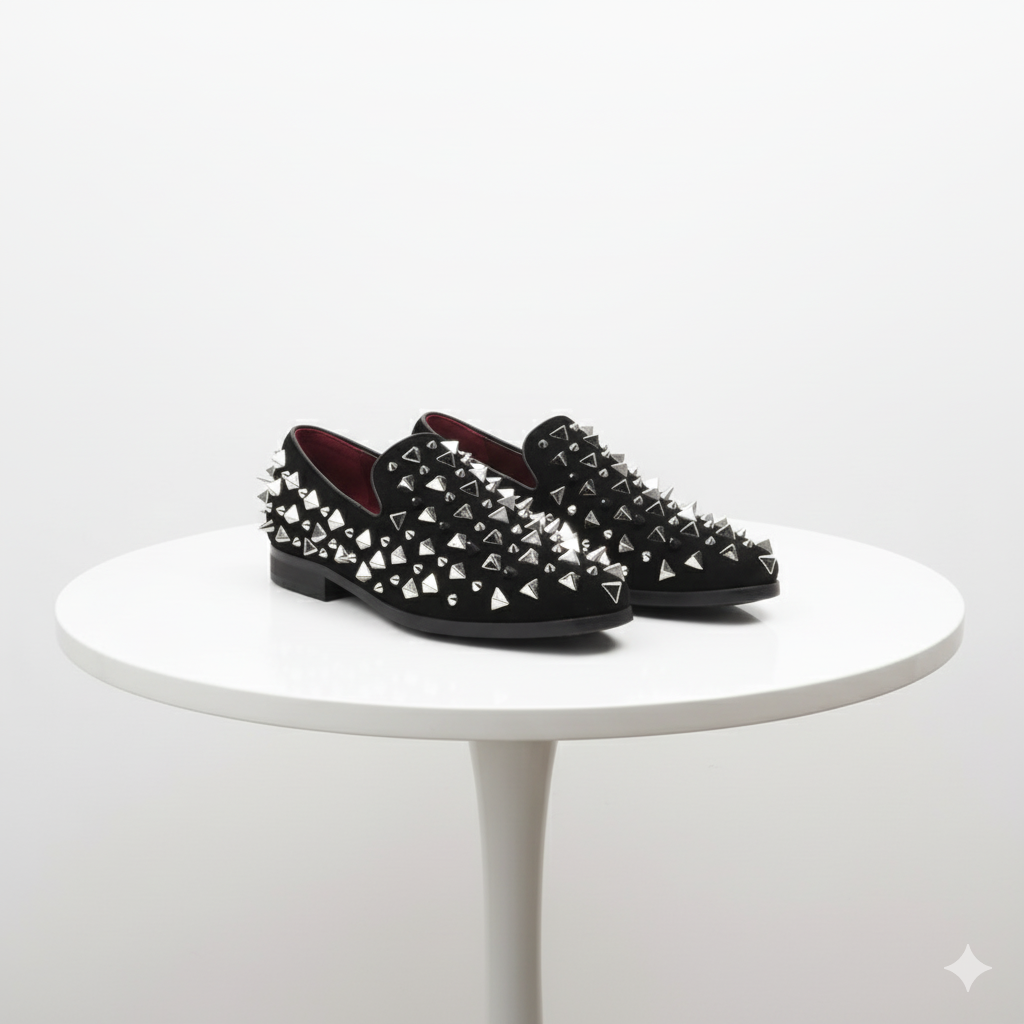 Men’s Black Studded Loafers with Silver Spikes – Luxury Slip-On Dress Shoes for Parties and Formal Events