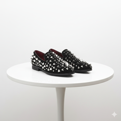 Men’s Black Studded Loafers with Silver Spikes – Luxury Slip-On Dress Shoes for Parties and Formal Events