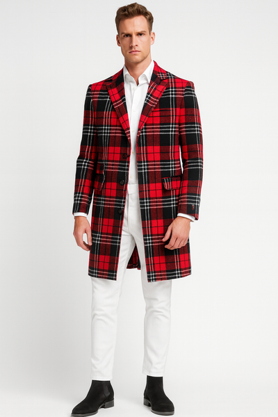 Men’s Red Plaid Wool Overcoat – Classic Tartan Check Long Coat for Stylish Winter Wear 3   - from alligatorwarehouse.com