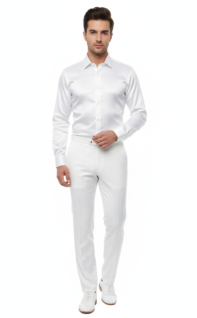 Men’s White Satin Dress Shirt – Classic Long Sleeve Formal Shirt for Weddings, Parties, and Business Wear