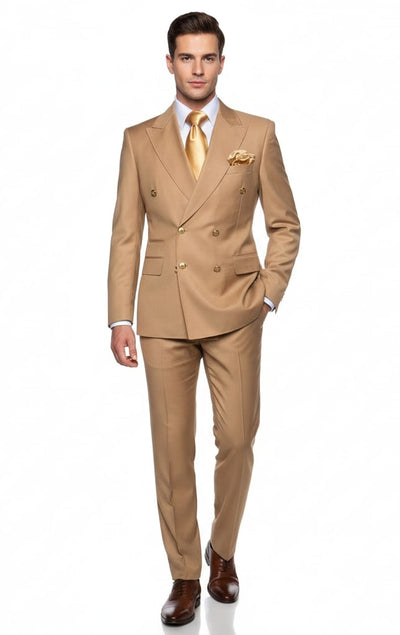 Mens Camel - Bronze - Goldish khaki Double-Breasted Suit – Luxury 2-Piece Formal Set with Gold Buttons and Peak Lapels by Rossi Man 1   - from alligatorwarehouse.com