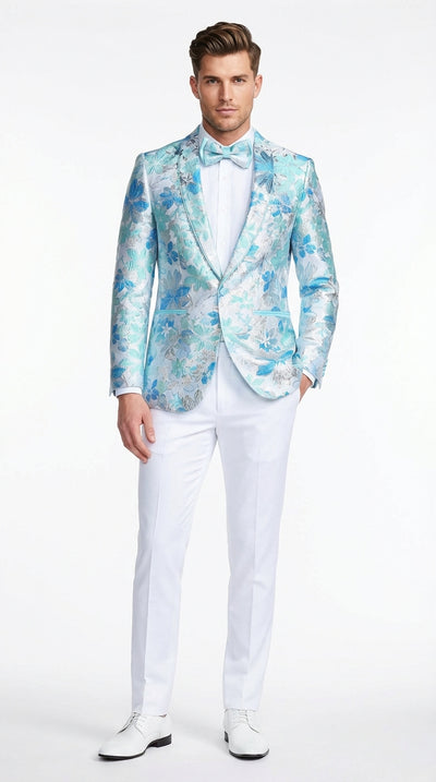 Men’s Light Blue Floral Jacquard Tuxedo Jacket with Matching Bow Tie | Formal Prom Wedding Blazer + Bowtie Turqoise Aqua Color
