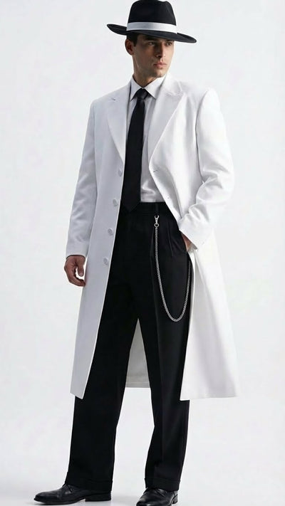 Men’s White Long Zoot Style Suit  | Vintage Gangster Mafia Formal Coat with Black Pants