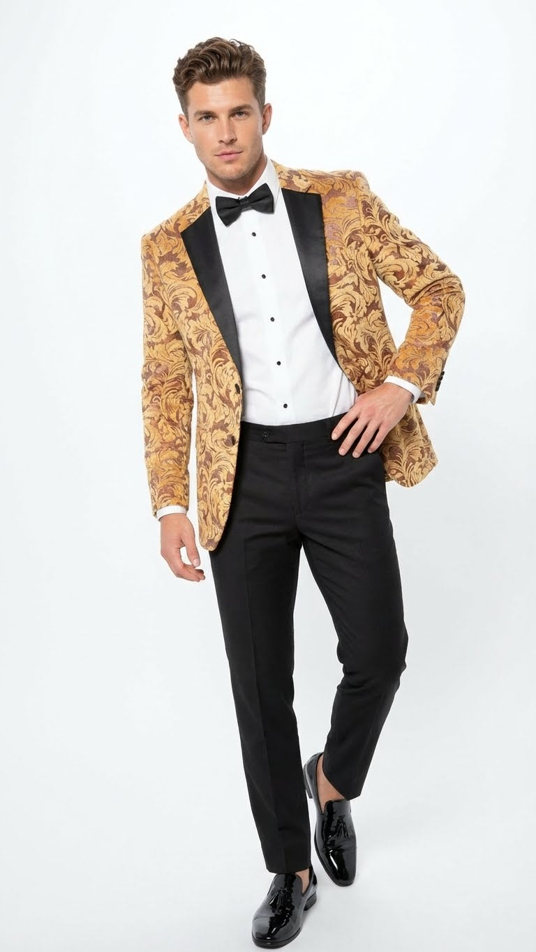 Men’s Yellow Gold Baroque Pattern Tuxedo Blazer Suit – Party and Wedding Jacket Prom Paisley Black Pants