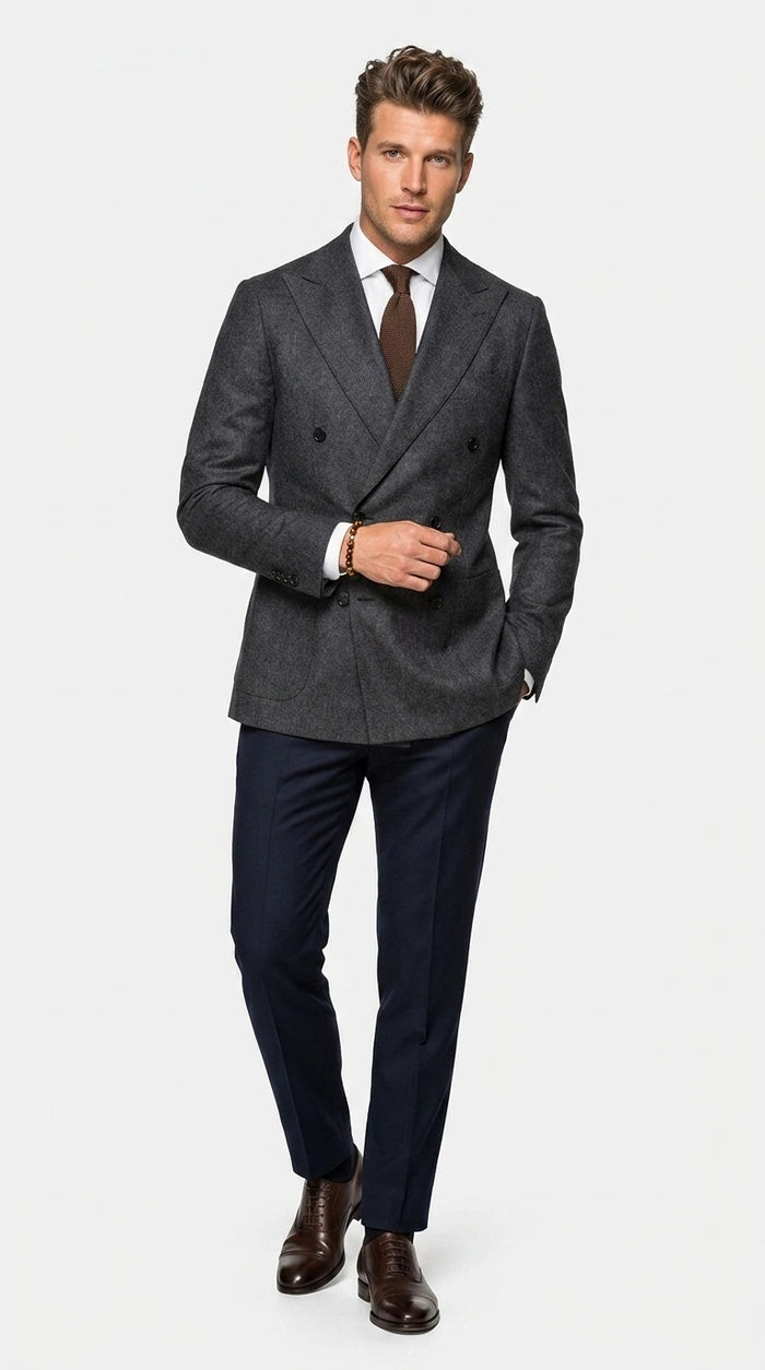 Men’s Charcoal Double Breasted Blazer, Formal Wedding Business Casual Sport Coat Jacket Wool Fabric