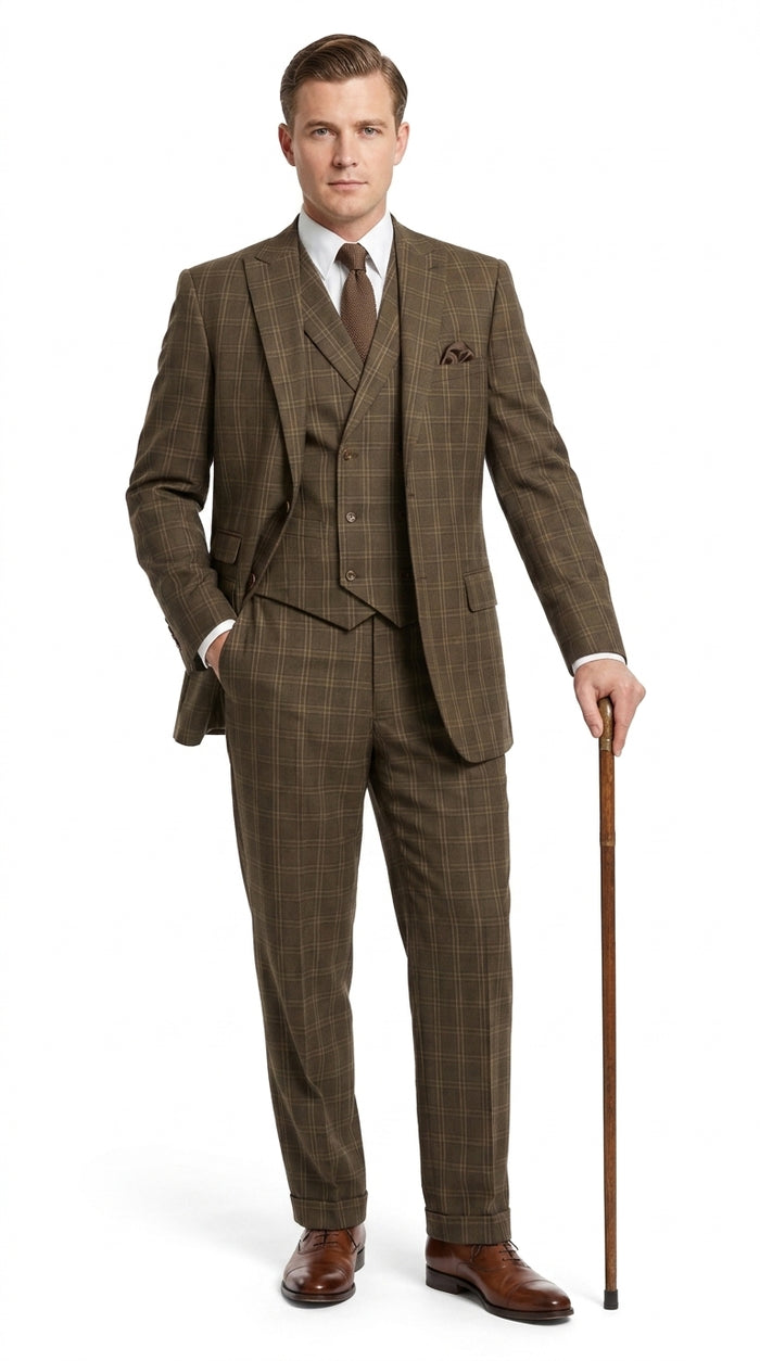 Men’s 1930s Brown Plaid 3 Piece Suit, Vintage Formal Wedding Business Dress Suit Set