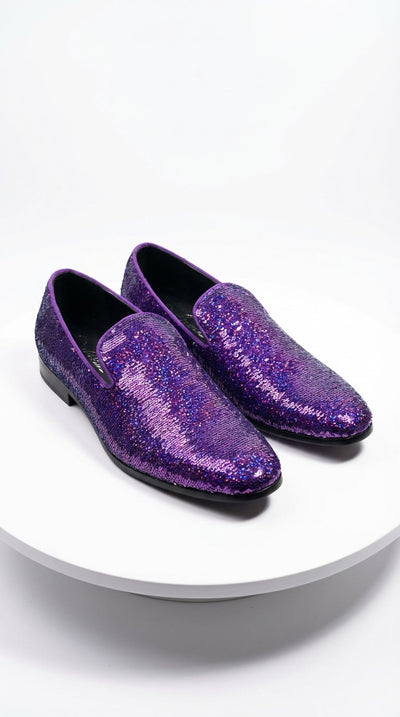 Mens Purple Sequin Dress Shoes Slip on  – Luxury Slip On Formal Loafers Wedding Prom Party Designer Footwear