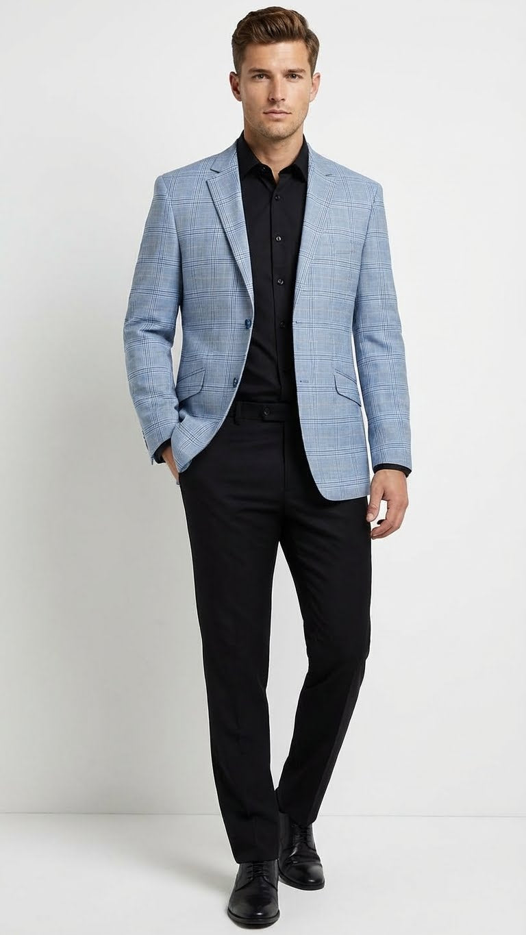 Men’s Big and Tall Light Blue Checkered Blazer and Sport Coat – Sky powder blue windowpane plaid pattern Jacket