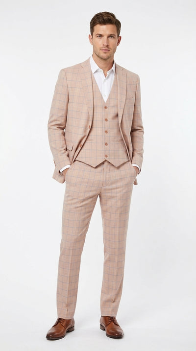 Men’s Orange Plaid 3 Piece Suit – Orange Check Formal Suit with Vest for Wedding,  Business Event Peach Salmon Color