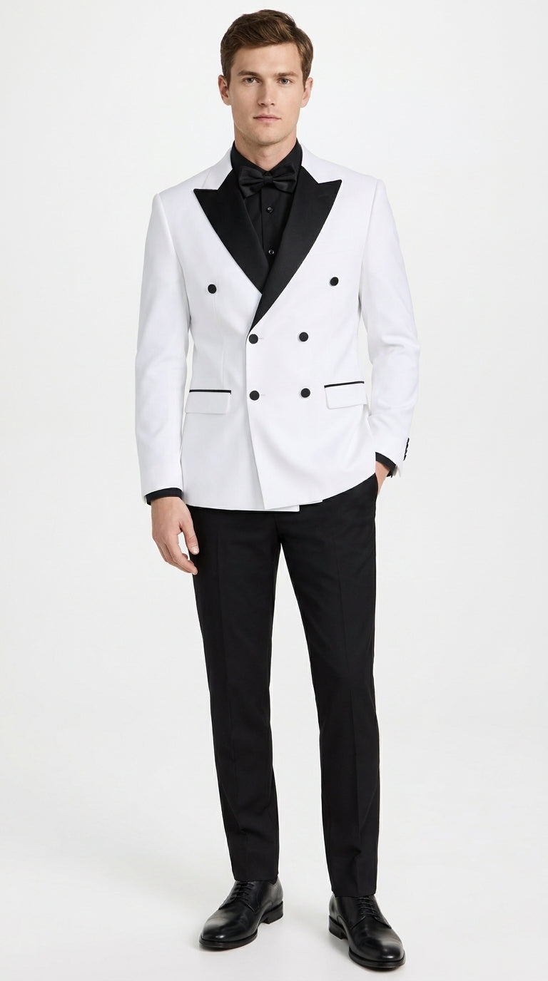 Men's White Double Breasted Tuxedo Dinner Jacket with Black Satin Peak Lapel – Formal Wedding Prom Blazer