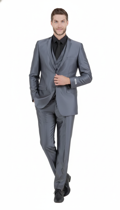Men’s Dark Grey Shiny Two-Piece Suit – Slim Fitted Formal Jacket and Tailored Pants - Sateen Metalic in Charcoal Gray Color 1   - from alligatorwarehouse.com