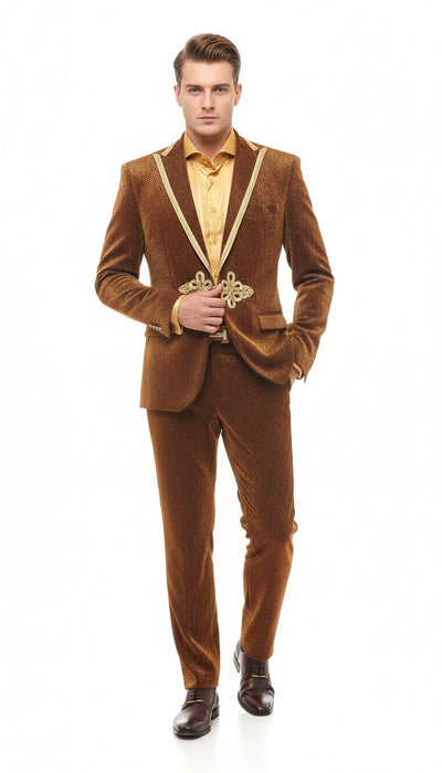 Mens Bronze Shiny Velvet Suit – Designer Party and Wedding Wear Blazer and Pant Set Brown and Gold Tuxedo 1   - from alligatorwarehouse.com
