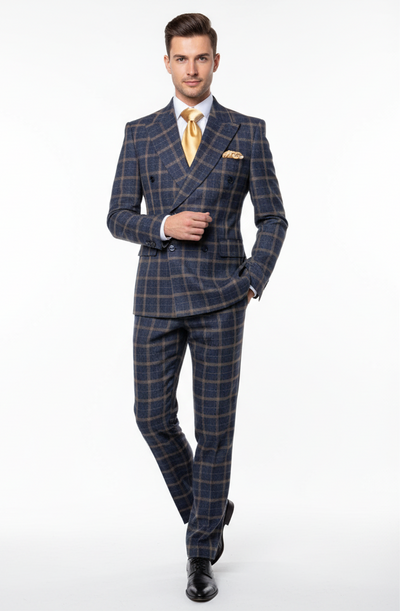 Men’s Navy and Tan Windowpane Double-Breasted Suit | Classic 2-Piece Plaid Dress Suit, Business, and Formal Events By Rossiman 8   - from alligatorwarehouse.com