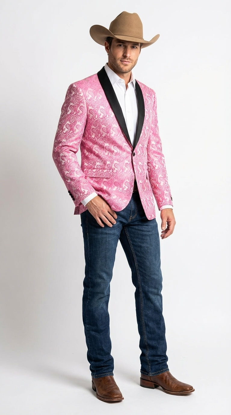 Mens Hot Pink Paisley Western Blazer Jacket – Stylish Pattern Formal Blazer with Black Shawl Lapel for Party, Wedding Cowboy Sportcoat