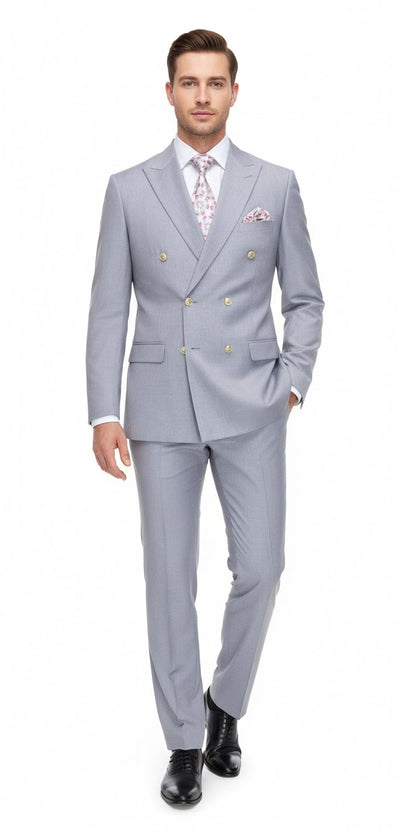 Mens Silver Grey Double-Breasted 3-Piece Suit – Classic Tailored Fit with Peak Lapel and Gold Buttons for Weddings, Church and Formal Events 1   - from alligatorwarehouse.com