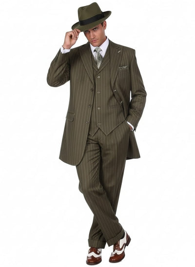 Mens Olive Green Pinstripe Zoot Suit – 1920s Gangster Vintage 3-Piece Suit for Formal and Themed Events 1   - from alligatorwarehouse.com