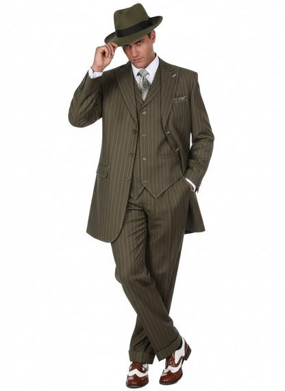 Mens Olive Green Pinstripe Zoot Suit – 1920s Gangster Vintage 3-Piece Suit for Formal and Themed Events