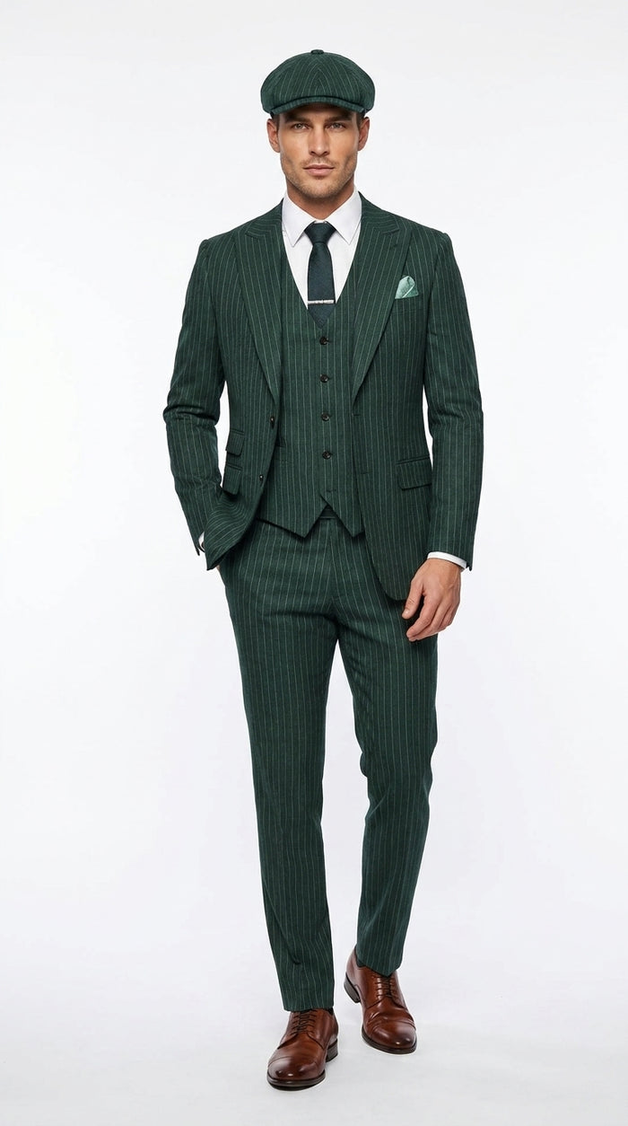 Men’s Hunter Green Pinstripe 3-Piece Suit – Vintage Wedding, Prom and Formal Suit with Matching Vest