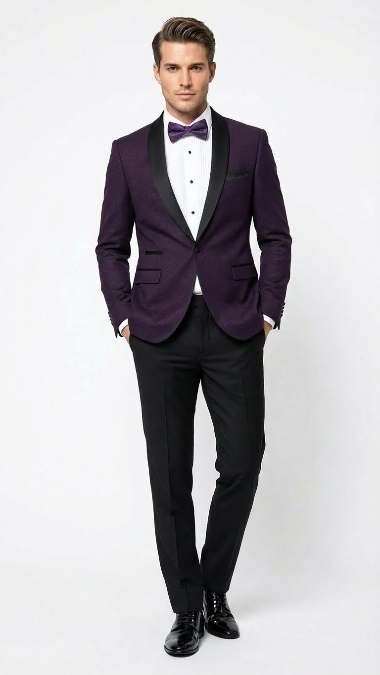 Men’s Eggplant Plum Purple Tuxedo Blazer with Satin Lapel, White Tuxedo Shirt and Matching Purple Bow Tie - Slim Fitted - Prom wedding Suit With Pants