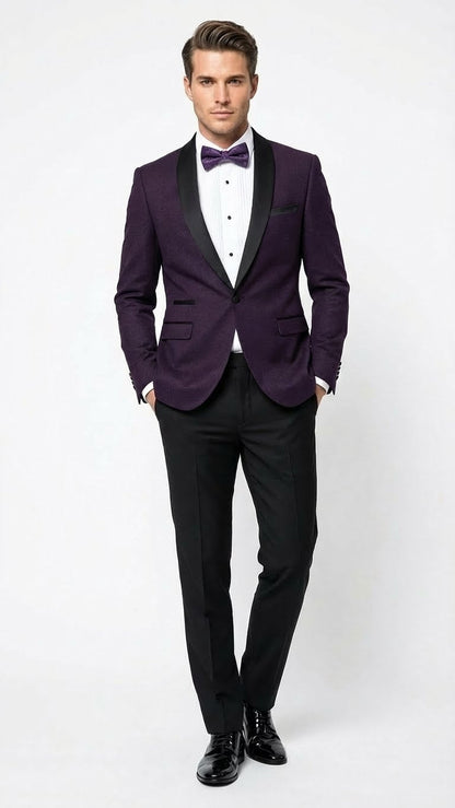 Men’s Eggplant Plum Purple Tuxedo Blazer with Satin Lapel, White Tuxedo Shirt and Matching Purple Bow Tie - Slim Fitted - Prom wedding Suit With Pants