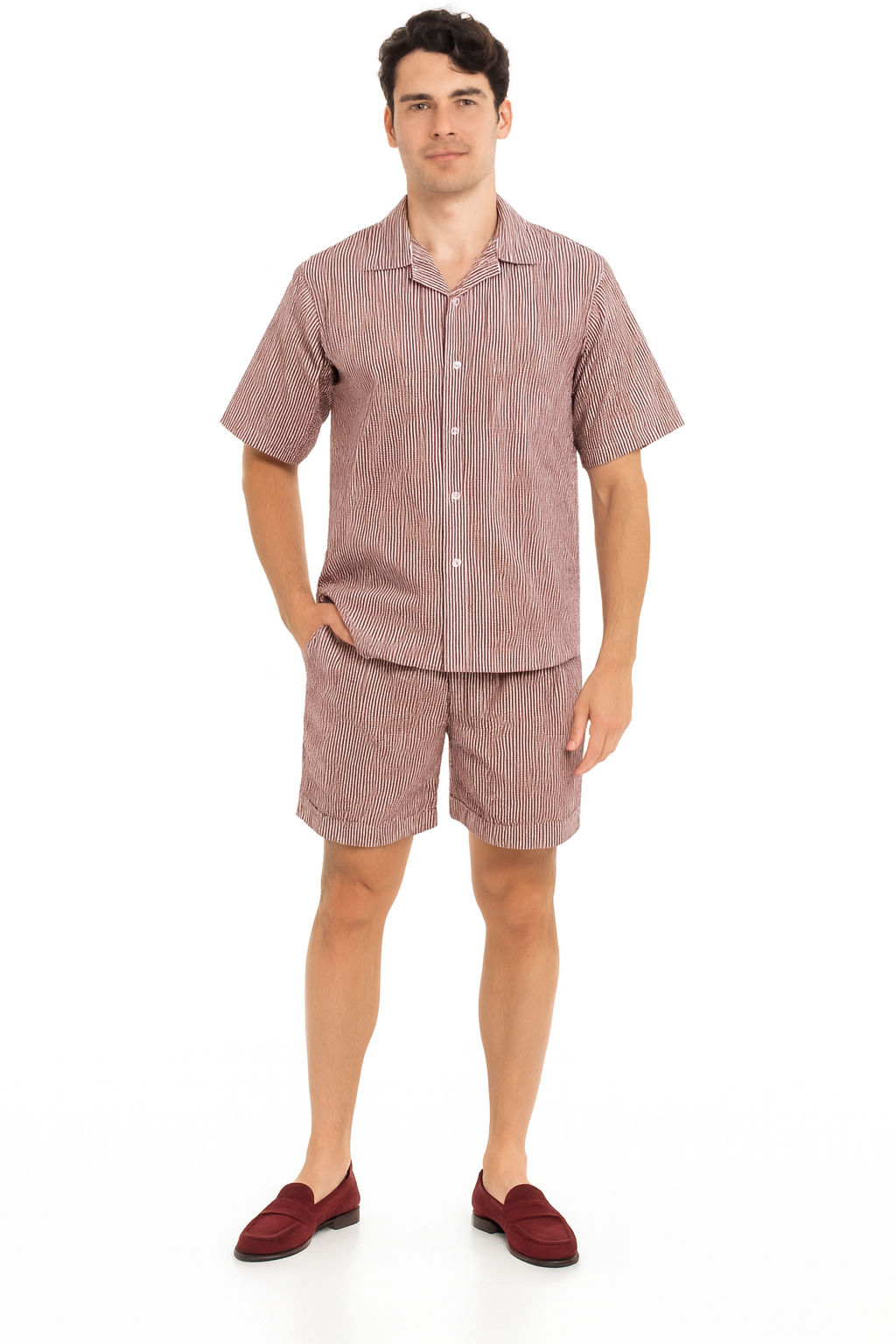 Men’s Burgundy Redish Seersucker Short Set Walking Suit – Two-Piece Cuffed Shorts with Expandable Waist
