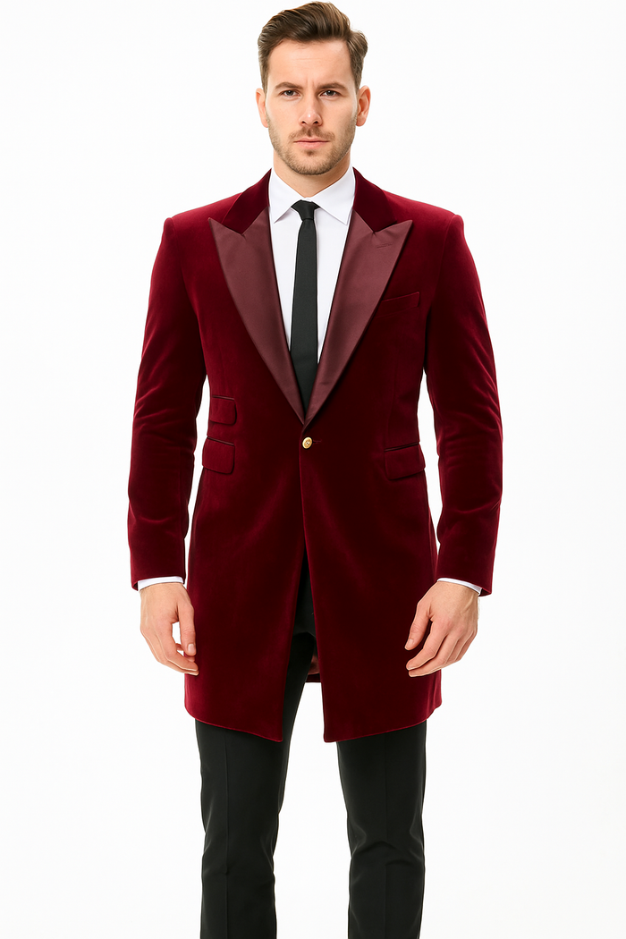 Men’s Burgundy Tuxedo in  Velvet  Long Blazer – Victorian Cutaway Tuxedo  Suit 1920s Gangster Style Long Jacket with Black Pants