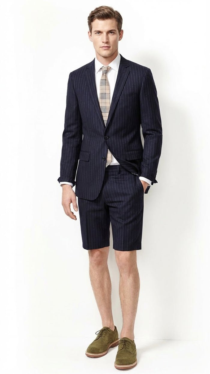 Men’s Dark Navy Blue Pinstripe or Black Pinstripe  Summer Business Suit with Shorts Pants Set – Sport Coat Style Formal and Casual Outfit