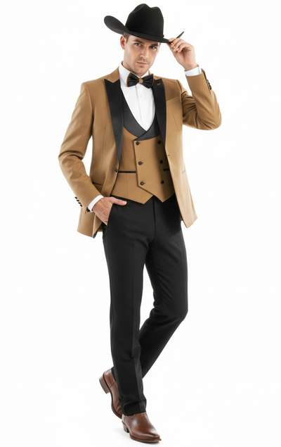 Men’s Western Cowboy Tuxedo – Tan and Black 3-Piece Suit with Satin Lapel and Vest in Mocca Coffee Color 7   - from alligatorwarehouse.com