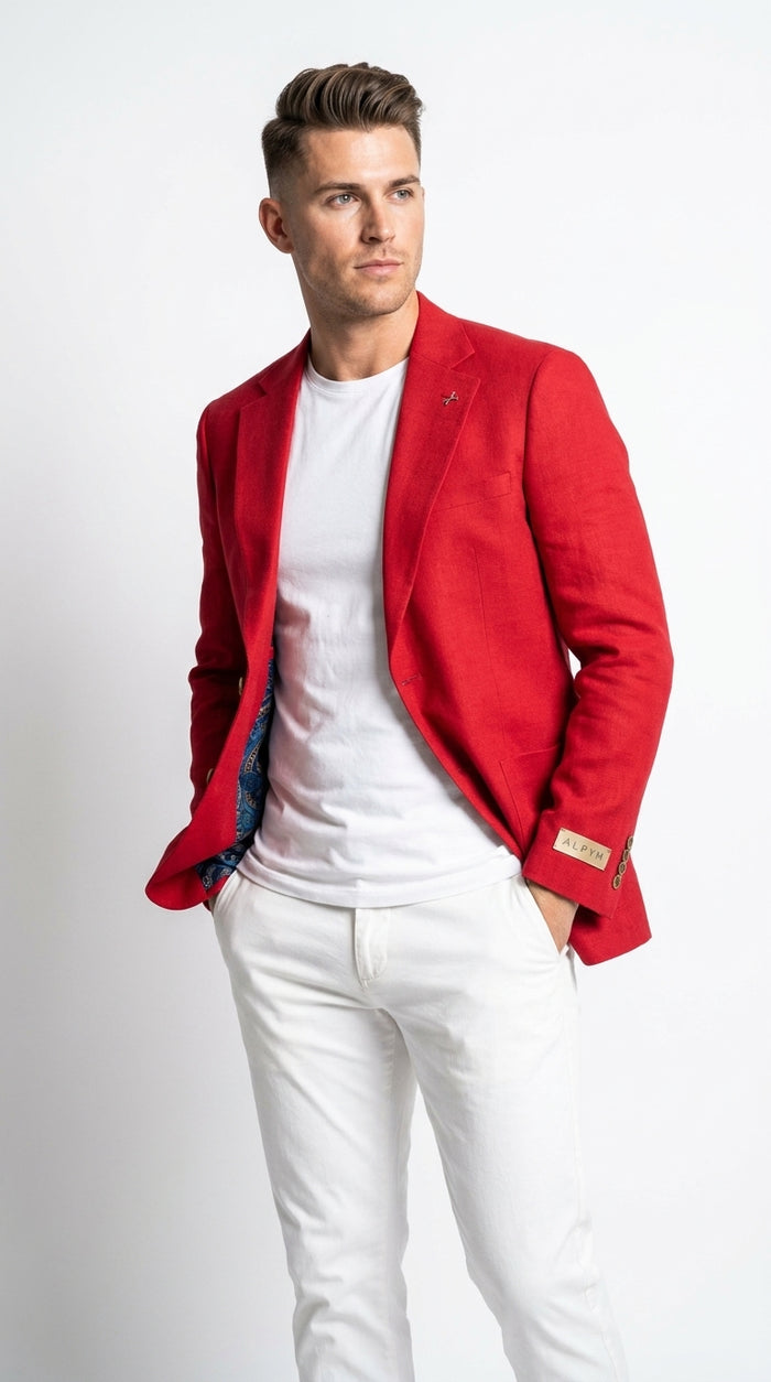 Men’s Red Linen Blazer – Two-Button Wedding, Business and Smart Casual Sport Coat