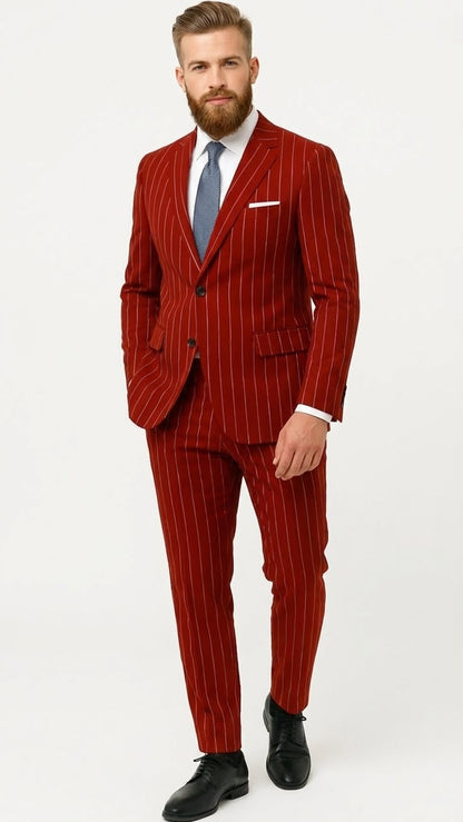 Men’s Red Pinstripe Suit – Stripe Two-Button Vested Suit 2 Buttons