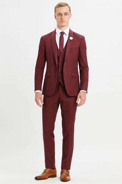 Mens 3-Piece Burgundy Slim Fit Suit with Vest – Wedding, Prom and Formal Wear 1   - from alligatorwarehouse.com
