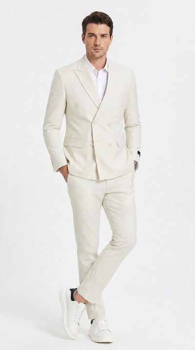 Men’s Ivory Cream Double Breasted Linen Suit – Off-White Summer Wedding Slim Fitted 2-Piece Suit Cream Color