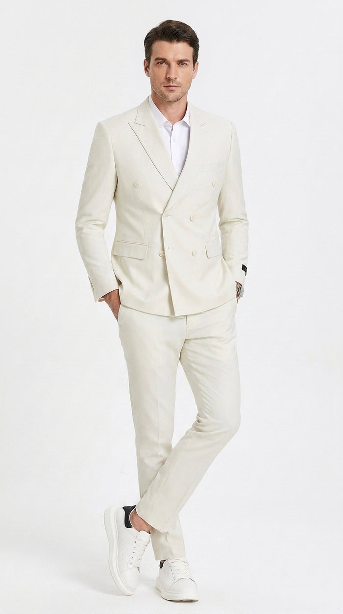 Men’s Ivory Cream Double Breasted Linen Suit – Off-White Summer Wedding Slim Fitted 2-Piece Suit Cream Color