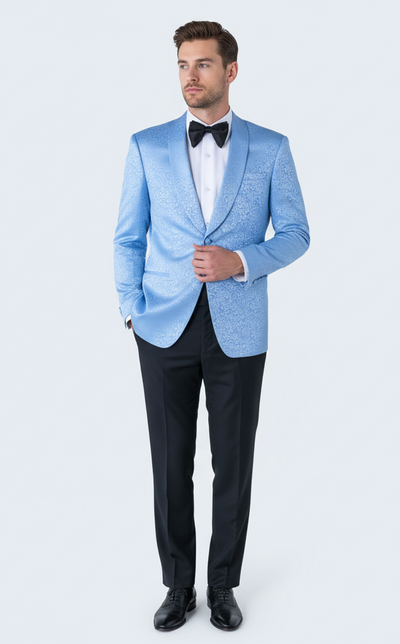 Men’s Light Blue Paisley Tuxedo Jacket – Elegant Satin Shawl Lapel Dinner Blazer for Weddings, Proms in Sky Powder Blue Color Bowtie 1   - from alligatorwarehouse.com
