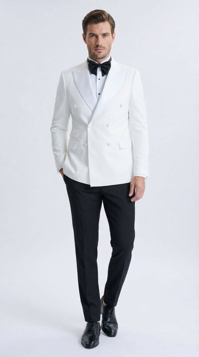 Men’s White Double Breasted Dinner Jacket Blazer with Black Pants – Formal Tuxedo Style Outfit for Weddings
