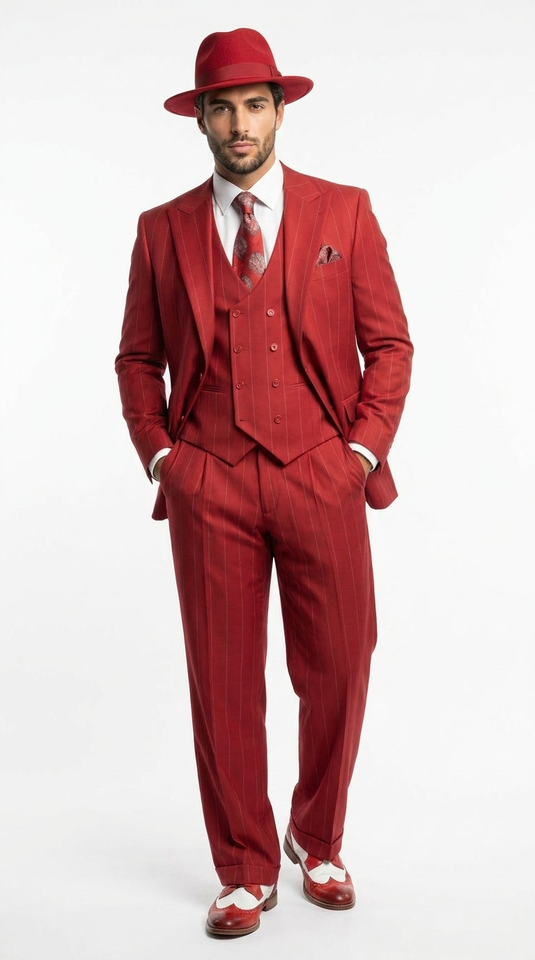 Men’s Red & White Pinstripe 3-Piece Suit by Mazari – Peak Lapel Classic Fit Gangster Suit with Pleated Pants