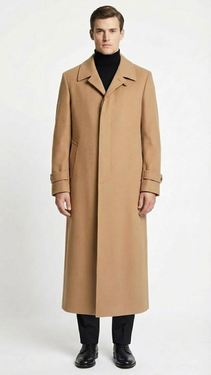 Men’s Full-Length Camel Overcoat – Classic Long Microfiber-Blend Coat for Winter and Formal Wear Maxi Duster Coat