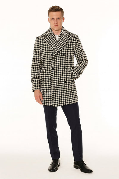 Mens Houndstooth Double-Breasted Overcoats – Classic Black and White Wool Blend Peacoat Wool Fabric 1   - from alligatorwarehouse.com