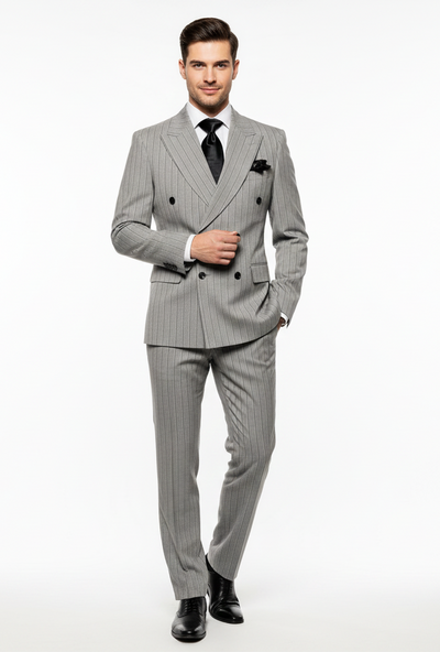 Men’s Grey and Black Pinstripe Double-Breasted Suit – 1920s Gangster Vintage Looking suit By Rossiman 1   - from alligatorwarehouse.com