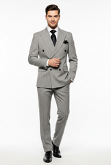 Men’s Grey and Black Pinstripe Double-Breasted Suit – 1920s Gangster Vintage Looking suit By Rossiman