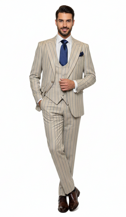 Men's Beige with blue Pinstripe Three-Piece Suit with Vest by Rossiman Vested Peak Lapel in Tan Stripe 1920s style