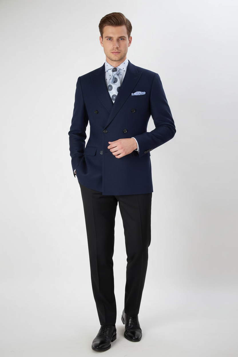 Men’s Navy Blue Double-Breasted Blazer - Suit Jacket – Premium Tailored Fit Formal Wedding and Business Sport Coat
