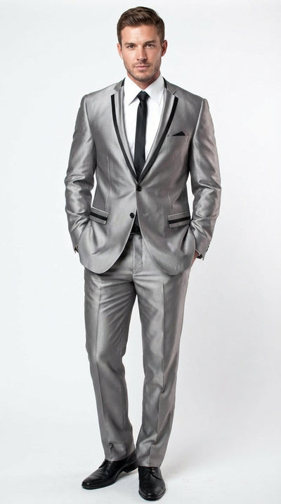 Men’s Silver Sharkskin Tuxedo Suit with Black Piping – Shiny Two Button Formal Suit for Wedding, Prom and Party Wear