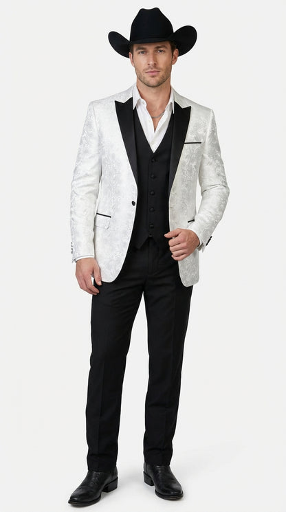 Men’s White Paisley Cowboy Tuxedo with Black Satin Lapel – Western Formal Wedding Suit Jacket
