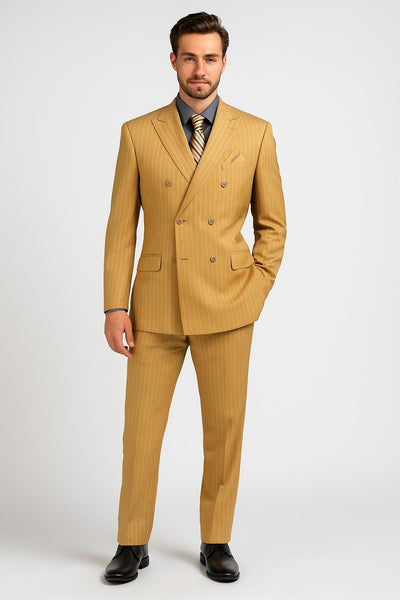 Mens Camel Tan Pinstripe Double-Breasted Suit – Bold 6-Button Modern Vintage Style 1   - from alligatorwarehouse.com